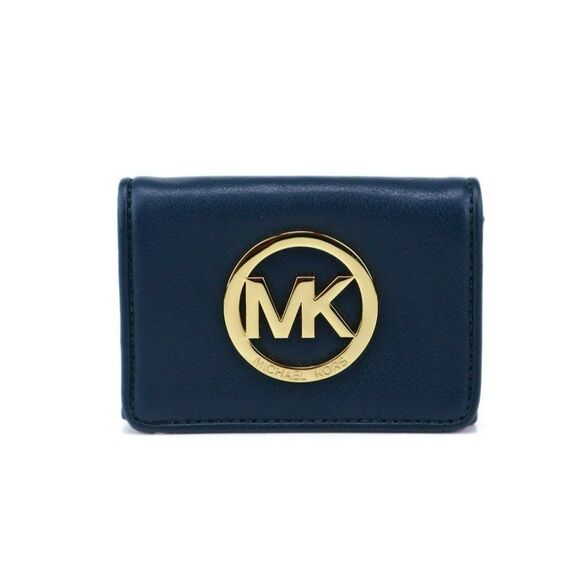 NWT Michael Kors Fulton MK Logo Leather Credit Card Case Navy - Picture 1 of 7